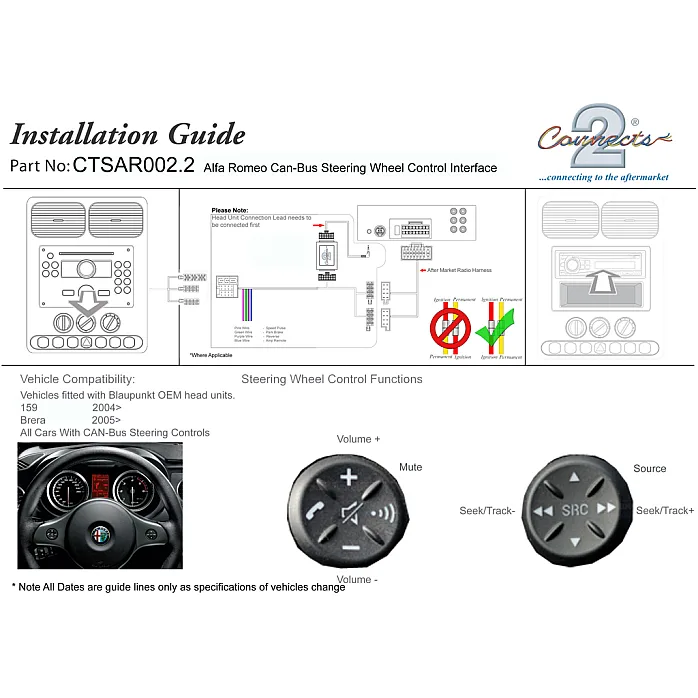Alfa Romeo 159, Brera, Spider Steering Stalk Control Adaptor Phone Button Support - CTSAR002.2